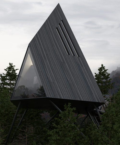 antony gibbon elevates black-clad geometries with his A-F3 treehouse