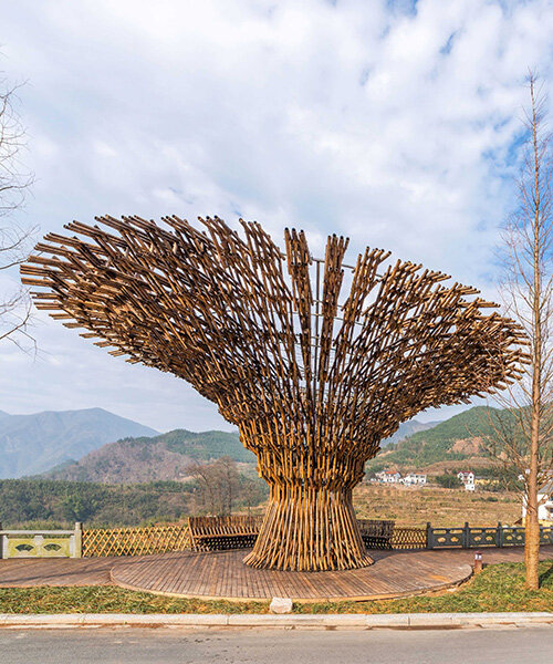 intersecting bamboo segments form umbrella-like pavilion by MUFU ARCHLAB in china